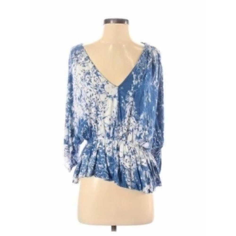 Free People Small Top Blue Floral Tie Dye Open Back Slit Sleeve Hippie V Neck